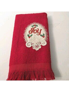 Vtg Red Fringe USA Made Red Joy Holiday Christmas Finger Tip Cotton Hand Towel